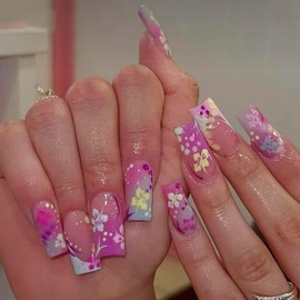 24 Pcs Colorful Ombre Press on Nails Short Square Nail Tips Fall Fake Nails Press ons Acrylic Nail Kit Full Cover Reusable False Nails Colorful Flower Glue on Nails Pink Glossy Nail Art for Ma'am