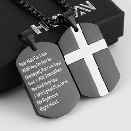 HZMAN Isaiah 41:10 Jewelry, Stainless Steel Cross Dog Tag Necklace Strength Bible Verse (Black & Silver)