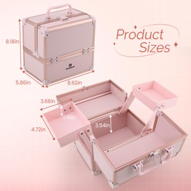 CHUANGJIN Makeup Train Case 2 Trays Makeup Box Organizer Portable Travel Makeup Case Lockable Makeup Storage Organizer Cosmetic Box for Jewelry Nail Tech Brushes Accessories Tool, Pink Pro
