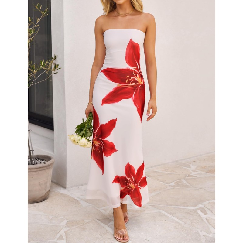 ZESICA Womens Summer Floral Strapless Maxi Dress 2026 Off Shoulder