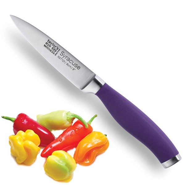 Taylors Eye Witness Syracuse Vegetable Paring Kitchen Knife - Professional 8cm/3.5” Cutting Edge, Multi Use. Ultra Fine Blade, Precision Ground Razor Sharp. Soft Textured Grip. Purple Coloured Handle.
