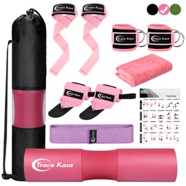 TRACE KASA Barbell Pad Set: Hip Thrusts Pad for Squats Ankle Straps for Cable Machines Women Men Hip Resistance Band Weight Lifting Straps Wrist Wraps Gym Equipment Accessories, Pink