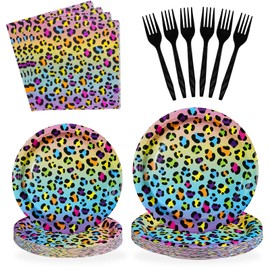 96 Pcs Rainbow Leopard Party Supplies 350 GSM Colorful Leopard Print Plates and Napkins Tableware Set Cheetah Birthday Decorations for Girl's Child Wild Animal Birthday Rainbow Party Decor Serves 24