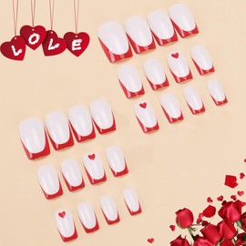BABALAL Heart Press on Nails Short Square Fake Nails Ruby Red French Glue on Nails White Acrylic Nails 24Pcs Valentine Day False Nails Manicure Stick on Nails for Women and Girl Squoval Nails