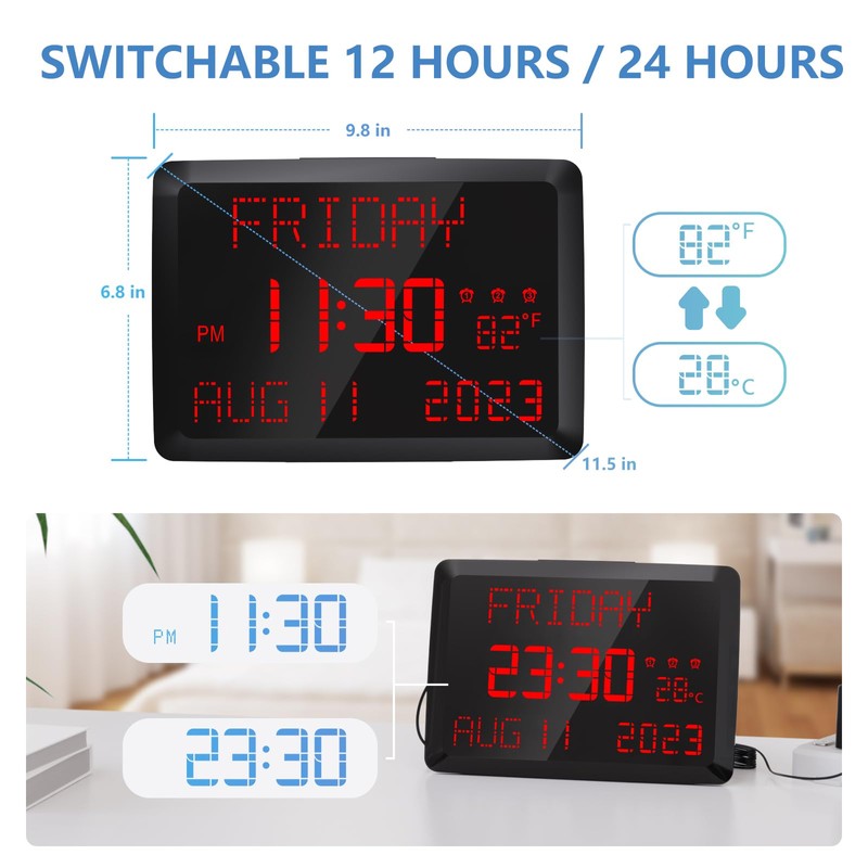 Raynic Digital Clock, 11.5" Large Display Digital Wall Clock,Adjustable Brightness