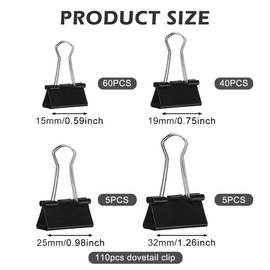 Pack of 110 Metal Clips, 15 mm, 19 mm, 25 mm, 32 mm Foldback Clips, Binder Clips for Office, School, Family, Black