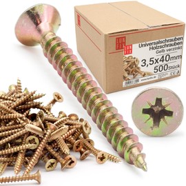 LUN FIX Universal Screw 3.5 x 40 mm - Pack of 500 | Phillips PZ2 | Flat Head | Wood Screws | Yellow Galvanised | Multi-Purpose Screws | Phillips Screws