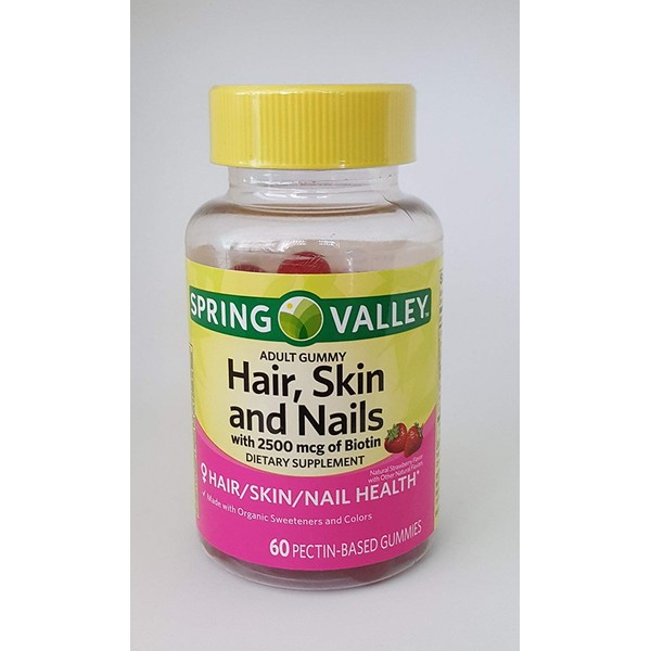Spring Valley Hair, Skin and Nails with 2500 mcg of Biotin Dietary Supplement, 60 Pectin-Based Gummies