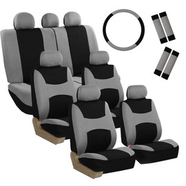 FH Group 3 Row Set 7 Seater Light & Breezy Flat Cloth Car Seat Covers, Combo Steering Wheel Cover & Seat Belt Pads, Airbag and Split Rear, Universal Fit for Cars Trucks, SUV, Gray