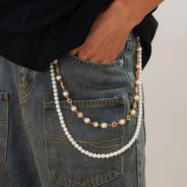 Wallet Belt Pants Chains for Men Women Pearl Rhinestone Flower Punk Jeans Pocket Key Chain Accessories Fashion Jewelry Gift (Gold-1)