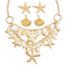 JeVenis Starfish Earrings Necklace Bracelet Hair Clip Mermaid Costume Beach Accessories Jewelry for Women Seashells Starfish Pearl Summer Beach Gifts for Women