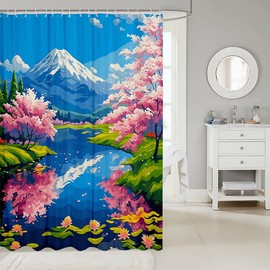Manfei Cherry Blossom Kids Shower Curtains,Japanese Ukiyo-e Sakura Flowers Bathroom Curtains for Girls Women,Artwork Natural Scenery Pink Blue Waterproof Curtains,12 Hooks Suits,72" W x 72" L