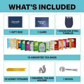 Tea Gifts for Women – Sampler Gift Basket with 15 Unique Blends, Honey Sticks, Stainless Tumbler & Gift-Ready Box (Blue/Blue box)