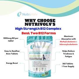 NutriVolv Vitamin B12 1000mcg – 365 Tablets | Dual Active B12 Complex | Methylcobalamin & Adenosylcobalamin | High Strength Vegan Supplement | 1 Year Supply | Energy, Nerve & Immune Support | UK Made