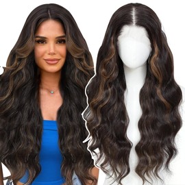 Synthetic Lace Front Wigs Pre Plucked Highlight Brown Mix Black 26 Inch Long Wavy 100% Futura Premium 13x4 HD Lace Wigs For Black Women Ready to Wear Beginner Friendly Daily Party Use