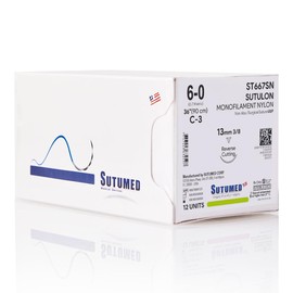Sutumed SUTULON Non-Absorbable Nylon Surgical Suture USP Size 6-0, 3/8 13mm Reverse Cutting Needle, 30 Inches (76 cm), 12 Count