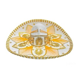 Novedades Cari Traditional Mexican Charro Sombrero, Colorful Embroidery, Mariachi Style (White and Gold)