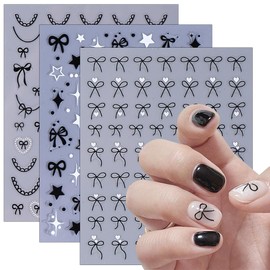 Bow Heart Star Nail Stickers for Nail Art Bows Nail Decals 3D Self Adhesive Nail Art Stickers Cute Nail Supplies White Black Pink Bow Nails Designs Accessories for Women Girls DIY Nails Decoration