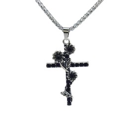 Antique Silver Cross Pendant Necklace with Floral Vine Design, Black Rhinestones & 23.6" Stainless Steel Chain (2" Extend the chain) - Religious Jewelry Gift for Women/Men