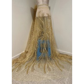 wowfabric4less123 Gold Heavy Beaded Sequins Embroidery Bridal Lace Fabric 50” Width Sold By Yard