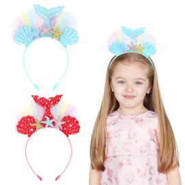 GAFATORY Mermaid Headband Glitter Mermaid Tail Headband for Women Girls 2Pcs Mermaid Hair Accessories Mermaid Crown Under The Sea Headband with Gauze Seashell Starfish Fishtail