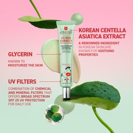 Erborian CC Red Correct - Skincare-First Green Color Corrector with Centella Asiatica, Illuminating Color Corrector with Redness Coverage & SPF 25 - Cica, Korean Skincare, 1.5 Oz