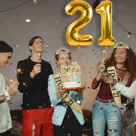 YeohJoy 21st Birthday Decorations for Her Include 21st Birthday Tiara and Finally 21 Sash , 21st Birthday Cake Topper and 21 Birthday candles, Gold 21 Balloons, 21st Birthday Gifts for Her Set (Gold)