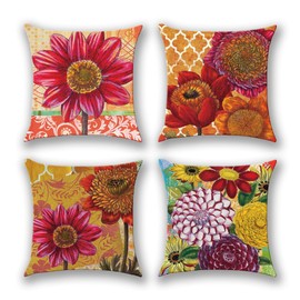 layhut Sunflower Pillow Covers 18x18, Outdoor Summer Pillow Case, Garden Floral Cushion Case, Vintage Red Cushion Covers for Holiday Home Seasonal Summer Decor, 4 Pack