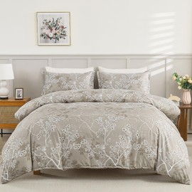 DJY Khaki Double Duvet Cover Floral Bedding Set, Reversible Lightweight Leaves Duvet Cover Sets 3PCS with Zipper Closure (Double, 200x200cm)