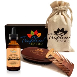 Tropical Holistic Natural Beard Grooming Kit for Men, 3-in-1 Set, Boar Bristle Brush, Handmade Wood Comb, 100% Pure Unscented Hair Treatment Oil 2 oz, Travel Bag