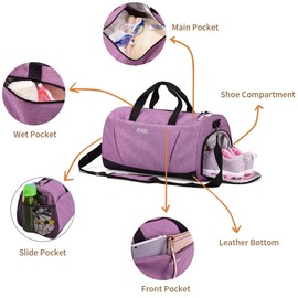 Gym Bag with Shoes Compartment and Wet Pocket,Sports Duffel Bag for Yoga/Swim,Travel Duffle Bag for Men and Women (Purple)