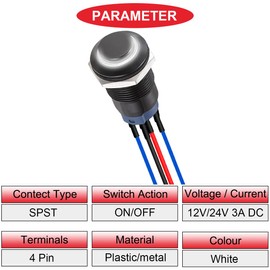 MKBKLLJY 3Pcs 12mm Latching White LED Push Button Switch Black Metal Shell IP65 Waterproof 12V 24V 3A DC SPST 2Position Self-locking ON OFF Switch with Pre-wired Wires and Wiring Cap for Car Boat