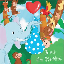 Hunts England - To Our New Grandson New Baby Card - Newborn - Elephant Holding New Baby - Blue - Card From Grandparents - Jungle Collection