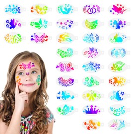 Pack of 32 Children's Make-Up Templates, Washable Tattoo Stencils, Children's Makeup Stencils, Textile Design, Temporary Glitter Tattoo Stencils for Holiday Party Makeup and Body Painting
