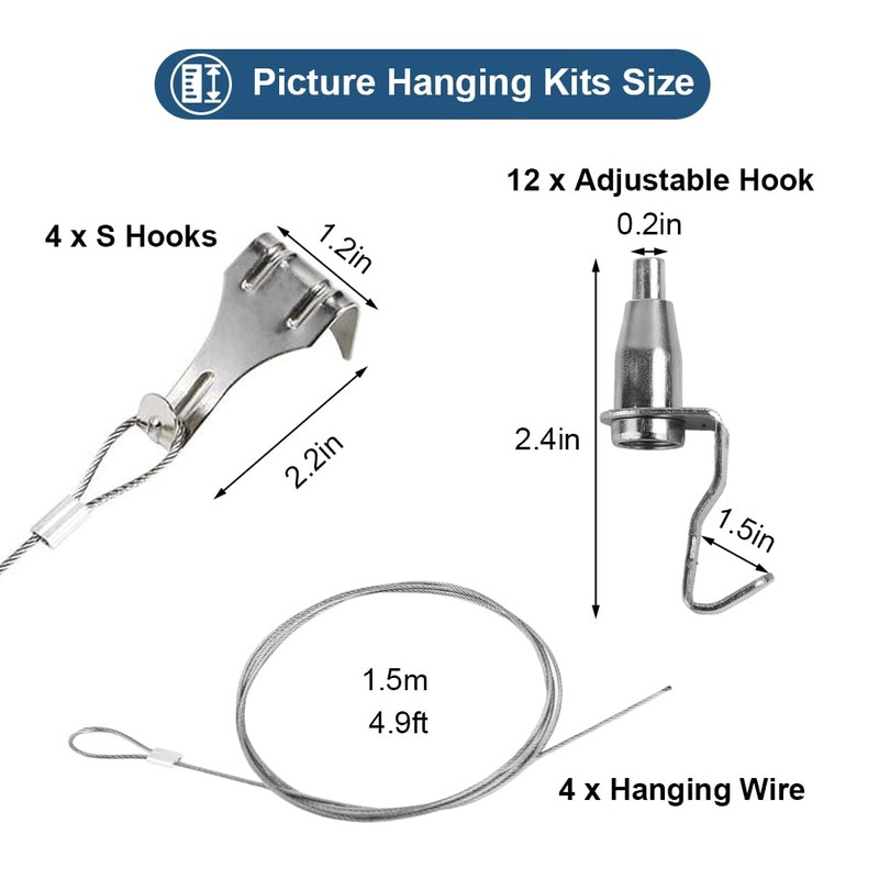 Adjustable Picture Hanging Wire Kit, 4.9ft (1.5m) Picture Rail Hanging