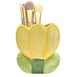 TANG SONG Ceramic Tulip Make up Brush Holder Flower Cosmetic Storage Box Pen and Pencil Holder Desktop Organizers (Yellow)