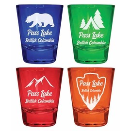 Pass Lake British Columbia Souvenir 4-Pack Multicolor Engraved Round Shot Glasses Camping and Outdoors Set