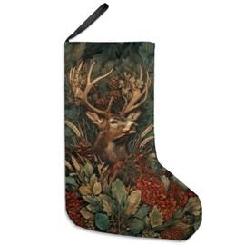 uinwk 16 Inches Vintage Green Botanical Reindeer Christmas Stockings, Rustic Forest Plant Deer Xmas Stockings, Retro Holiday Buck Deer Christmas Socks Decoration