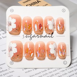 Flower Press on Nails Square French Fake Nails with 3D Floral Pearl Design Short Press ons Resin Rhinestone False Nails Nude Artificial Glue on Nails Spring Summer Acrylic Nails for Women 10Pcs