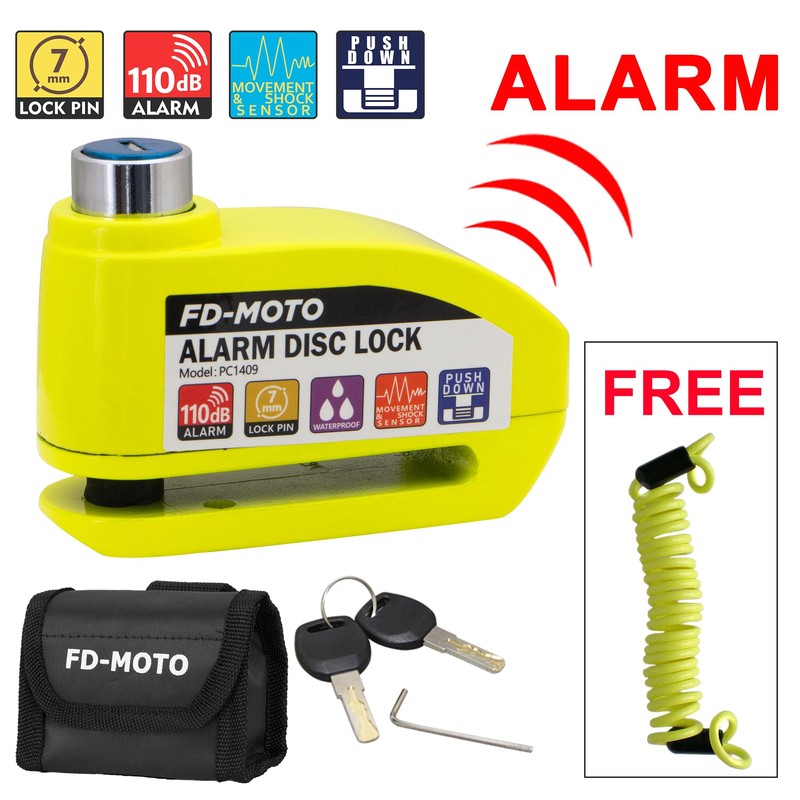 FD-MOTO Alarm Disc Lock & Reminder Cable Yellow Green