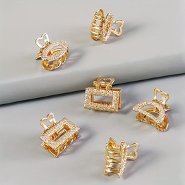 6pcs Mini Rhinestone Hair Clips Golden Shiny Metal Small Hair Clips Set Hollow Geometric Small Clip Hair Accessories