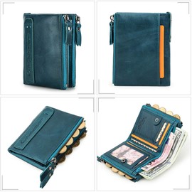 Contacts Men's Genuine Leather Bifold Wallet Double Zip Pocket Purse, blue, Vintage