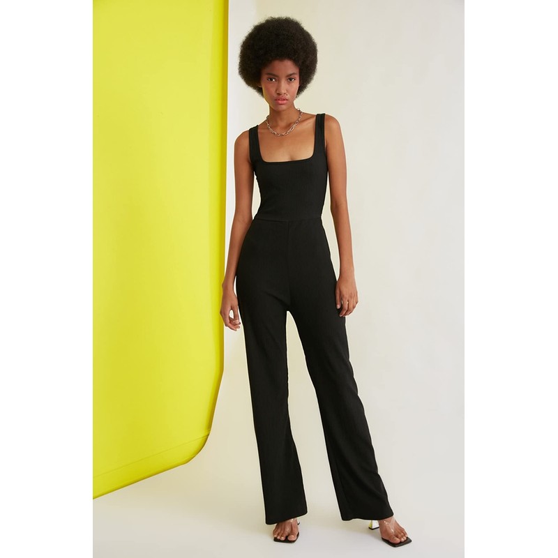 TRENDYOL Women's Back Decollted Knitted Jumpsuit Jumpsuit, black
