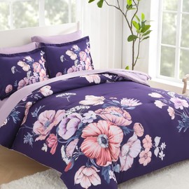 LLDSYW King Size Comforter Set - 7 Pieces Floral Comforter and Sheet Set, Dark Purple King Size Bed in a Bag, Soft Microfiber Flower Complete Bedding Set for All Seasons（Dark Purple,104"x90"）