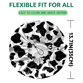 BHAHB 2 PCS Shower Cap Waterproof Double Layer Elastic Adjustable Reusable Hair Bath Caps for Girls Women Cute Aesthetic-Cow Black