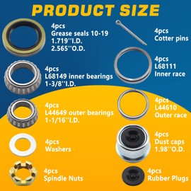 GREPSPUD 4Sets L68149 L44649 Trailer Axle Hub Bearings Kit with 171255TB Grease Seals, 1.98'' Trailer Dust Caps, Cotter Pins, Axle Nuts & Washers for 3500 lbs 1-3/8'' to 1-1/16'' #84 Spindle