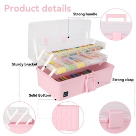 WEWLINE Hair Accessories Organizer 13-Inch Art Supply Bin Sewing Box 3-Layers Craft Storage Organizer with Handle Pink Tool Tackle Box Storage Great Gift for Kids