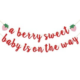 Firefairy Strawberry Baby Shower Banner, Pre-strung A Berry Sweet Baby is on the Way, Berry Sweet Baby Shower Decoration, Berry Welcome Baby Banner (Red Glitter)