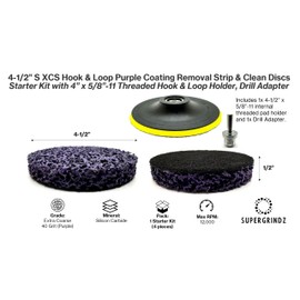 SuperGrindz 4 Piece Kit 4-1/2” SXCS Hook & Loop Purple Coating Removal Discs with 4-1/2” x 5/8”-11 Holder, Drill Adapter, Silicon Carbide Extra Coarse Clean & Strip, Strips Paint Coatings Clean Welds