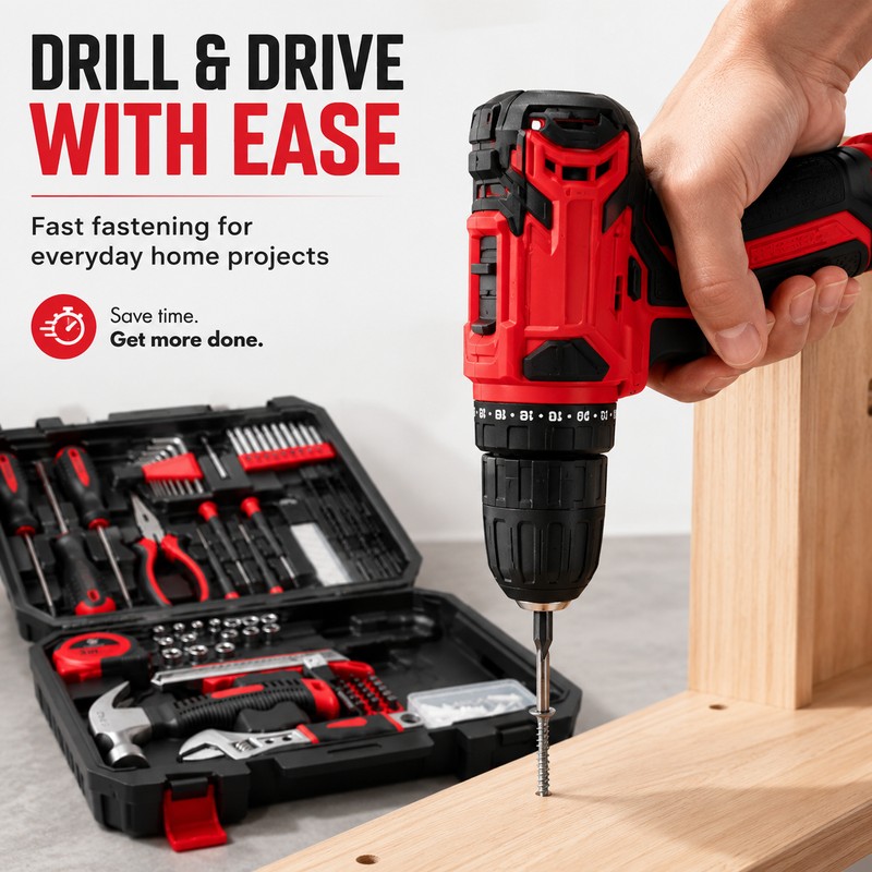 126-Piece Home Tool Kit with 8V Cordless Drill – Rechargeable